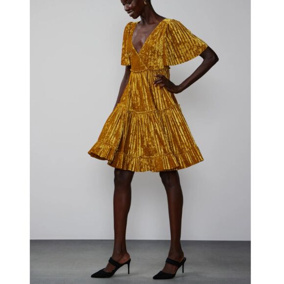 New York & Company Size Small Gold Short Sleeve Pleated Velvet Mini Dress EUC - Picture 3 of 11